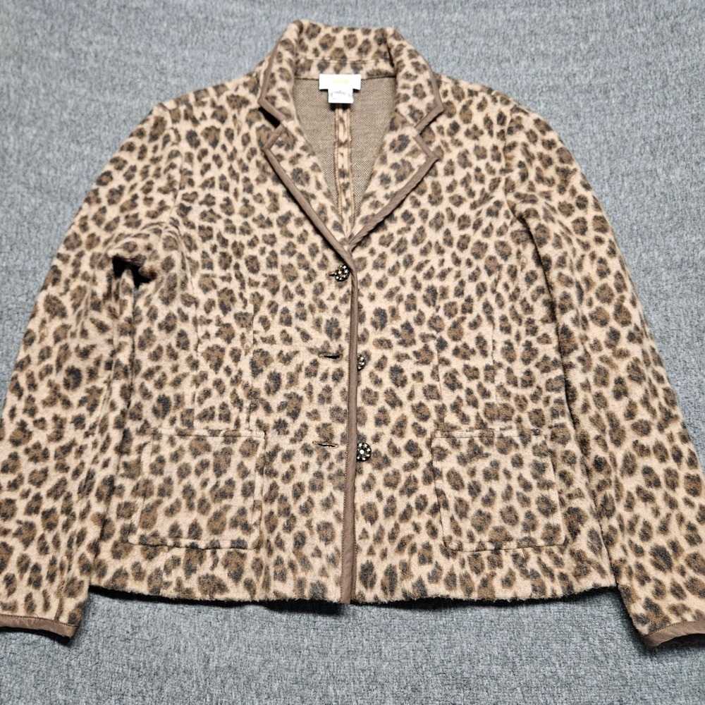 Talbots Blazer Women Large Brown Leopard Print 100% Merino Wool Knit Cardigan - Picture 2 of 9